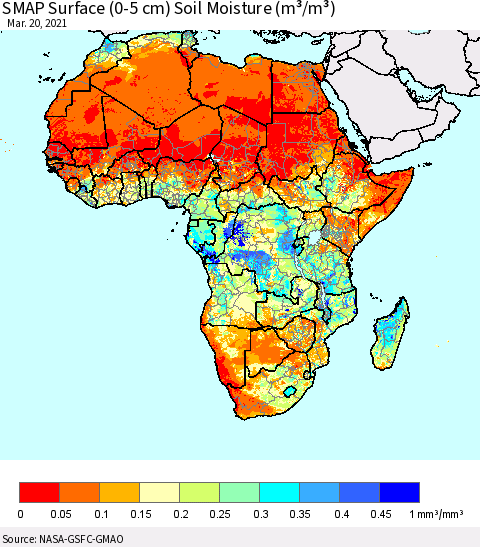 Africa SMAP Surface (0-5 cm) Soil Moisture (m³/m³) Thematic Map For 3/16/2021 - 3/20/2021