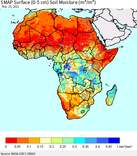 Africa SMAP Surface (0-5 cm) Soil Moisture (m³/m³) Thematic Map For 3/21/2021 - 3/25/2021