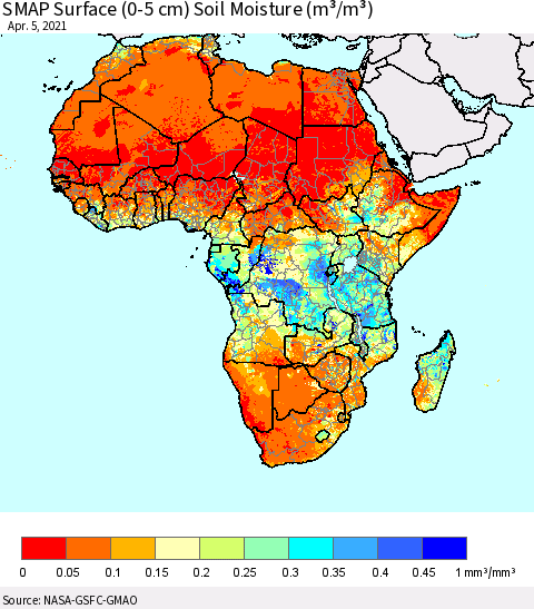 Africa SMAP Surface (0-5 cm) Soil Moisture (m³/m³) Thematic Map For 4/1/2021 - 4/5/2021