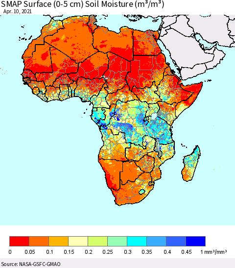 Africa SMAP Surface (0-5 cm) Soil Moisture (m³/m³) Thematic Map For 4/6/2021 - 4/10/2021