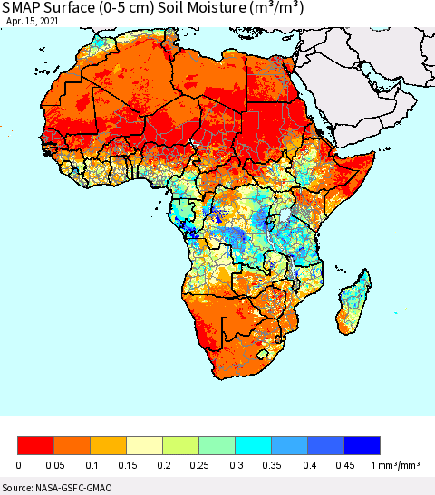 Africa SMAP Surface (0-5 cm) Soil Moisture (m³/m³) Thematic Map For 4/11/2021 - 4/15/2021