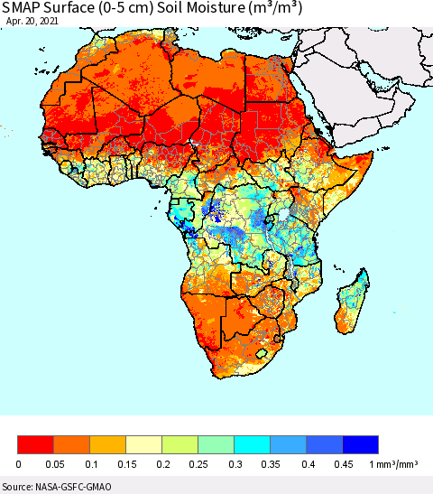 Africa SMAP Surface (0-5 cm) Soil Moisture (m³/m³) Thematic Map For 4/16/2021 - 4/20/2021