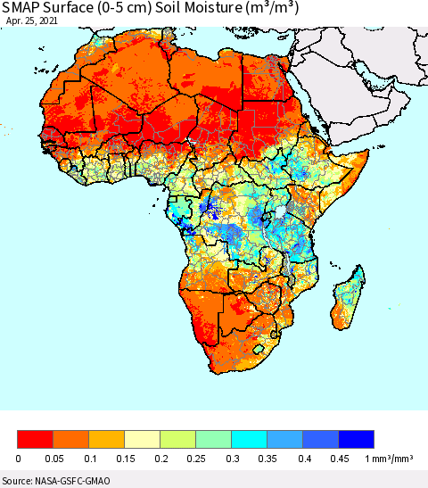 Africa SMAP Surface (0-5 cm) Soil Moisture (m³/m³) Thematic Map For 4/21/2021 - 4/25/2021
