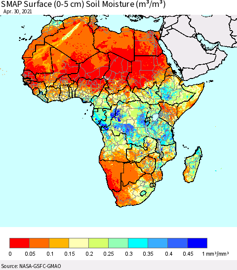 Africa SMAP Surface (0-5 cm) Soil Moisture (m³/m³) Thematic Map For 4/26/2021 - 4/30/2021