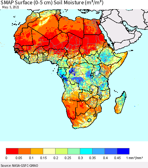 Africa SMAP Surface (0-5 cm) Soil Moisture (m³/m³) Thematic Map For 5/1/2021 - 5/5/2021