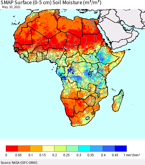 Africa SMAP Surface (0-5 cm) Soil Moisture (m³/m³) Thematic Map For 5/6/2021 - 5/10/2021
