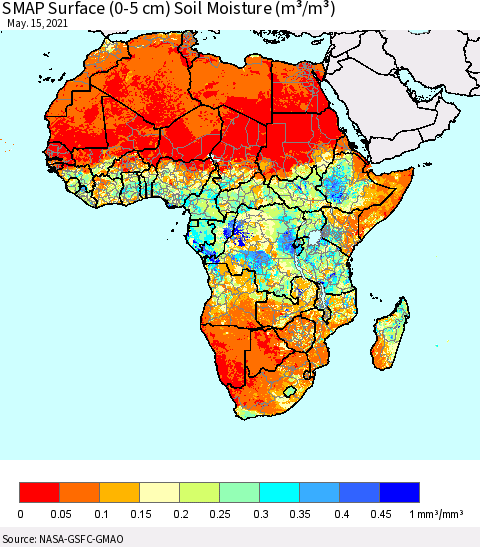 Africa SMAP Surface (0-5 cm) Soil Moisture (m³/m³) Thematic Map For 5/11/2021 - 5/15/2021