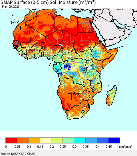 Africa SMAP Surface (0-5 cm) Soil Moisture (m³/m³) Thematic Map For 5/16/2021 - 5/20/2021