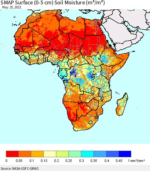 Africa SMAP Surface (0-5 cm) Soil Moisture (m³/m³) Thematic Map For 5/21/2021 - 5/25/2021