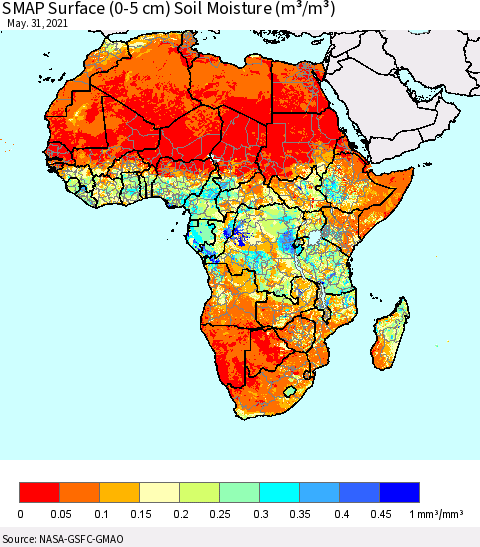 Africa SMAP Surface (0-5 cm) Soil Moisture (m³/m³) Thematic Map For 5/26/2021 - 5/31/2021