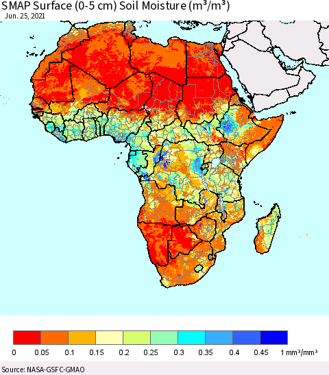 Africa SMAP Surface (0-5 cm) Soil Moisture (m³/m³) Thematic Map For 6/21/2021 - 6/25/2021