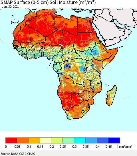 Africa SMAP Surface (0-5 cm) Soil Moisture (m³/m³) Thematic Map For 6/26/2021 - 6/30/2021