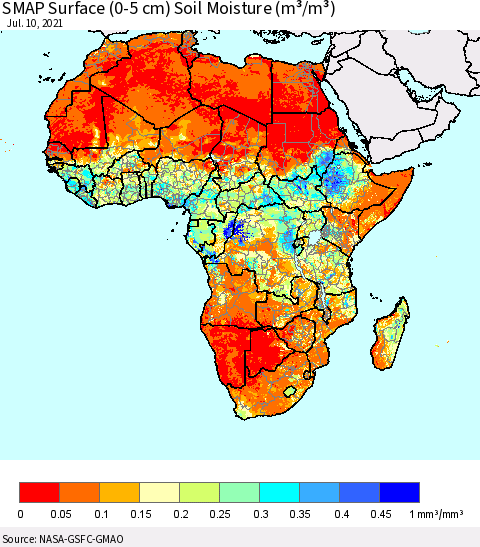 Africa SMAP Surface (0-5 cm) Soil Moisture (m³/m³) Thematic Map For 7/6/2021 - 7/10/2021