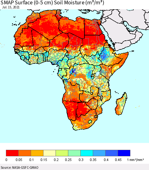 Africa SMAP Surface (0-5 cm) Soil Moisture (m³/m³) Thematic Map For 7/11/2021 - 7/15/2021