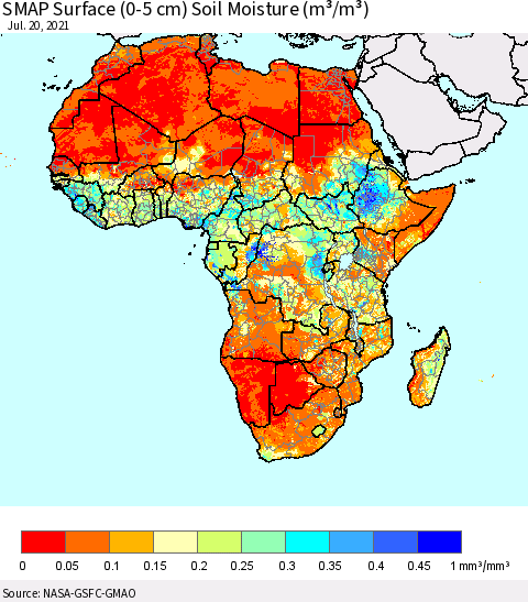 Africa SMAP Surface (0-5 cm) Soil Moisture (m³/m³) Thematic Map For 7/16/2021 - 7/20/2021