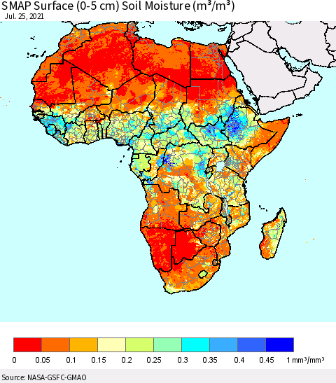 Africa SMAP Surface (0-5 cm) Soil Moisture (m³/m³) Thematic Map For 7/21/2021 - 7/25/2021