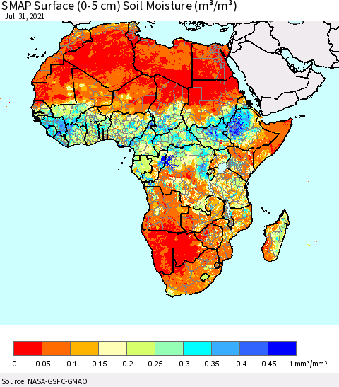 Africa SMAP Surface (0-5 cm) Soil Moisture (m³/m³) Thematic Map For 7/26/2021 - 7/31/2021