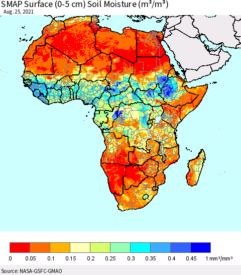 Africa SMAP Surface (0-5 cm) Soil Moisture (m³/m³) Thematic Map For 8/21/2021 - 8/25/2021