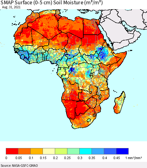 Africa SMAP Surface (0-5 cm) Soil Moisture (m³/m³) Thematic Map For 8/26/2021 - 8/31/2021