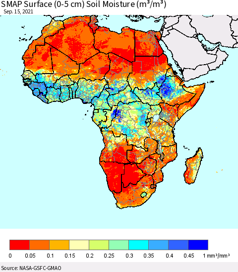 Africa SMAP Surface (0-5 cm) Soil Moisture (m³/m³) Thematic Map For 9/11/2021 - 9/15/2021