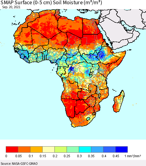 Africa SMAP Surface (0-5 cm) Soil Moisture (m³/m³) Thematic Map For 9/16/2021 - 9/20/2021