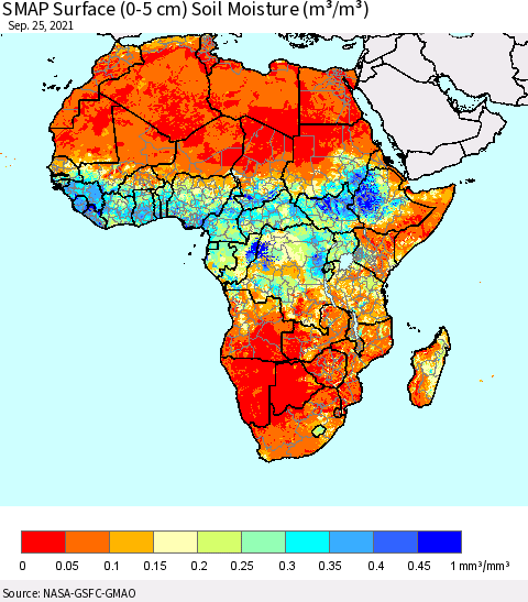 Africa SMAP Surface (0-5 cm) Soil Moisture (m³/m³) Thematic Map For 9/21/2021 - 9/25/2021