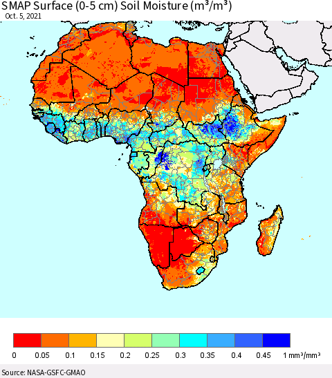 Africa SMAP Surface (0-5 cm) Soil Moisture (m³/m³) Thematic Map For 10/1/2021 - 10/5/2021