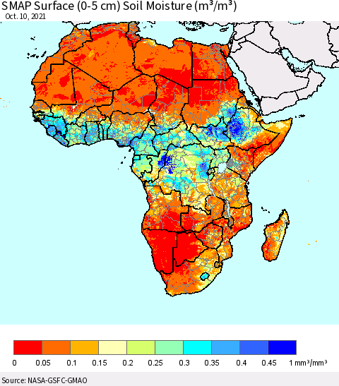 Africa SMAP Surface (0-5 cm) Soil Moisture (m³/m³) Thematic Map For 10/6/2021 - 10/10/2021