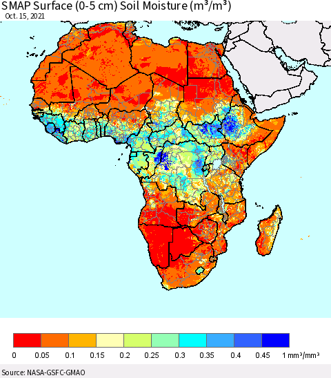 Africa SMAP Surface (0-5 cm) Soil Moisture (m³/m³) Thematic Map For 10/11/2021 - 10/15/2021