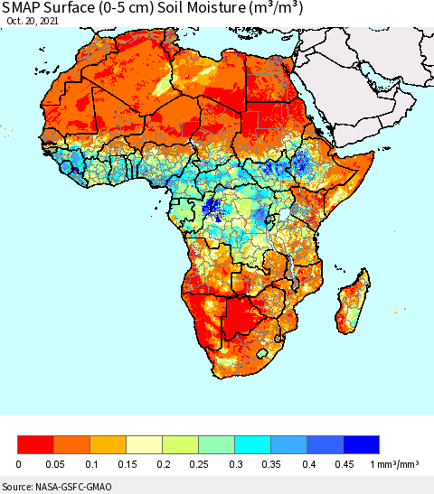 Africa SMAP Surface (0-5 cm) Soil Moisture (m³/m³) Thematic Map For 10/16/2021 - 10/20/2021