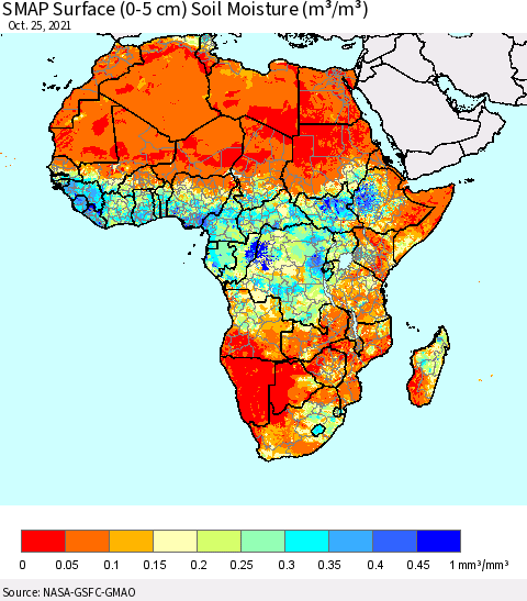 Africa SMAP Surface (0-5 cm) Soil Moisture (m³/m³) Thematic Map For 10/21/2021 - 10/25/2021