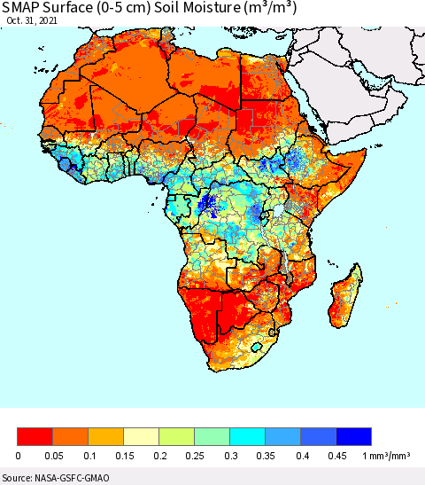 Africa SMAP Surface (0-5 cm) Soil Moisture (m³/m³) Thematic Map For 10/26/2021 - 10/31/2021