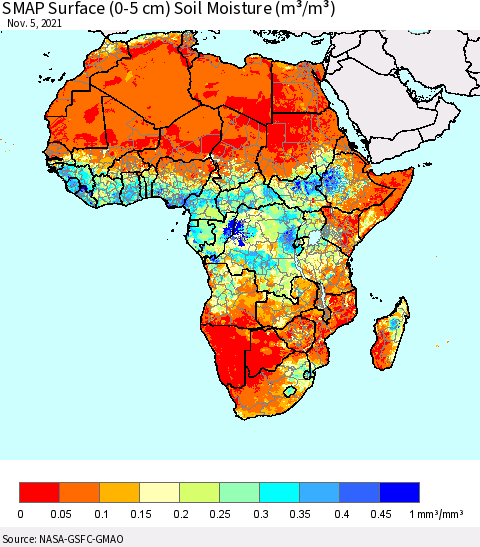 Africa SMAP Surface (0-5 cm) Soil Moisture (m³/m³) Thematic Map For 11/1/2021 - 11/5/2021