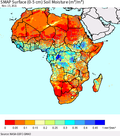 Africa SMAP Surface (0-5 cm) Soil Moisture (m³/m³) Thematic Map For 11/11/2021 - 11/15/2021