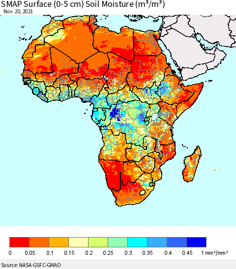 Africa SMAP Surface (0-5 cm) Soil Moisture (m³/m³) Thematic Map For 11/16/2021 - 11/20/2021