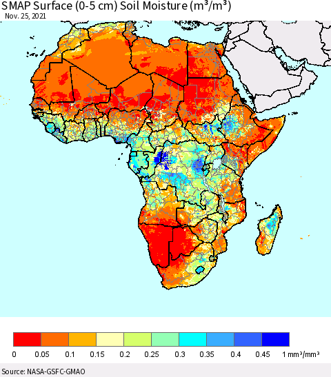 Africa SMAP Surface (0-5 cm) Soil Moisture (m³/m³) Thematic Map For 11/21/2021 - 11/25/2021
