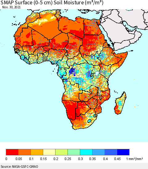 Africa SMAP Surface (0-5 cm) Soil Moisture (m³/m³) Thematic Map For 11/26/2021 - 11/30/2021