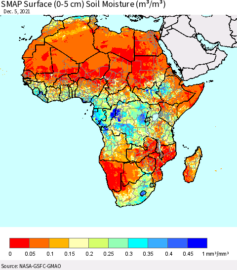 Africa SMAP Surface (0-5 cm) Soil Moisture (m³/m³) Thematic Map For 12/1/2021 - 12/5/2021