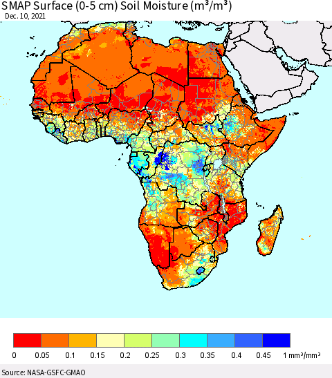 Africa SMAP Surface (0-5 cm) Soil Moisture (m³/m³) Thematic Map For 12/6/2021 - 12/10/2021