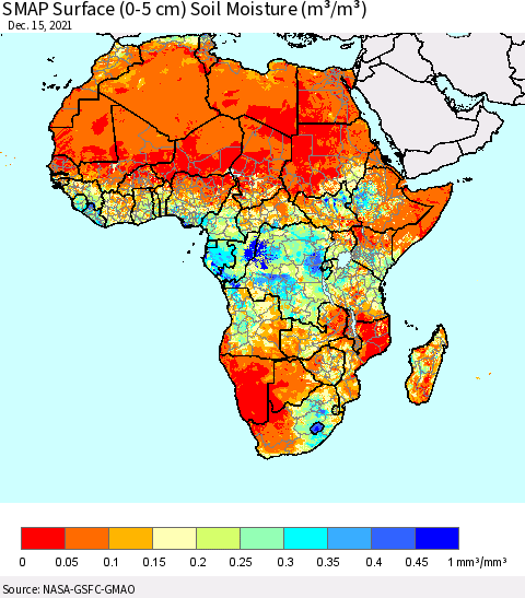 Africa SMAP Surface (0-5 cm) Soil Moisture (m³/m³) Thematic Map For 12/11/2021 - 12/15/2021