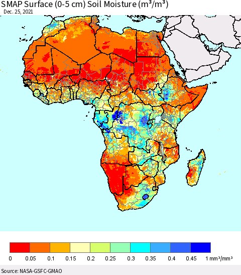 Africa SMAP Surface (0-5 cm) Soil Moisture (m³/m³) Thematic Map For 12/21/2021 - 12/25/2021