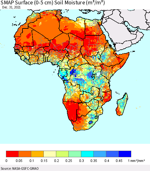 Africa SMAP Surface (0-5 cm) Soil Moisture (m³/m³) Thematic Map For 12/26/2021 - 12/31/2021