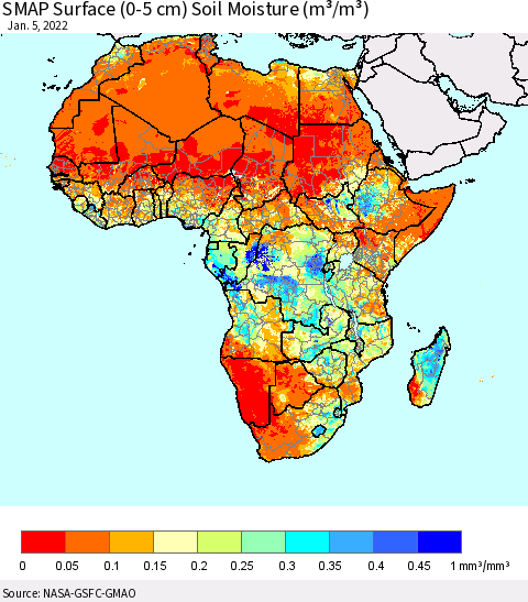 Africa SMAP Surface (0-5 cm) Soil Moisture (m³/m³) Thematic Map For 1/1/2022 - 1/5/2022