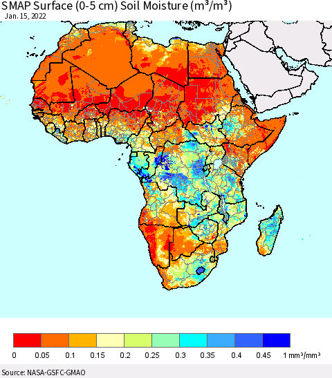 Africa SMAP Surface (0-5 cm) Soil Moisture (m³/m³) Thematic Map For 1/11/2022 - 1/15/2022