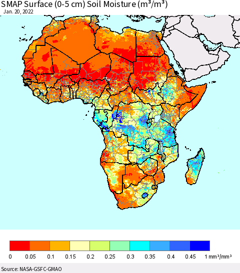 Africa SMAP Surface (0-5 cm) Soil Moisture (m³/m³) Thematic Map For 1/16/2022 - 1/20/2022