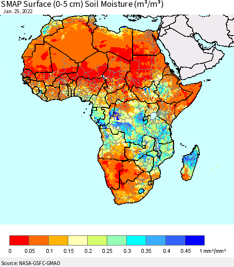 Africa SMAP Surface (0-5 cm) Soil Moisture (m³/m³) Thematic Map For 1/21/2022 - 1/25/2022