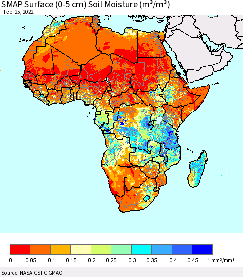 Africa SMAP Surface (0-5 cm) Soil Moisture (m³/m³) Thematic Map For 2/21/2022 - 2/25/2022