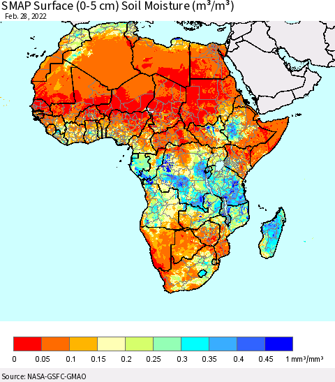Africa SMAP Surface (0-5 cm) Soil Moisture (m³/m³) Thematic Map For 2/26/2022 - 2/28/2022