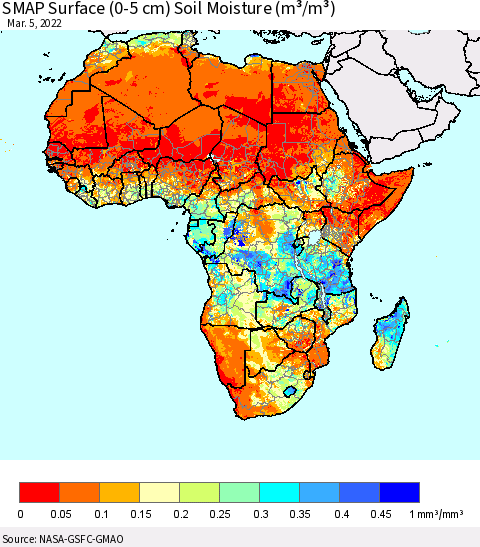 Africa SMAP Surface (0-5 cm) Soil Moisture (m³/m³) Thematic Map For 3/1/2022 - 3/5/2022