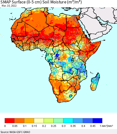 Africa SMAP Surface (0-5 cm) Soil Moisture (m³/m³) Thematic Map For 3/6/2022 - 3/10/2022